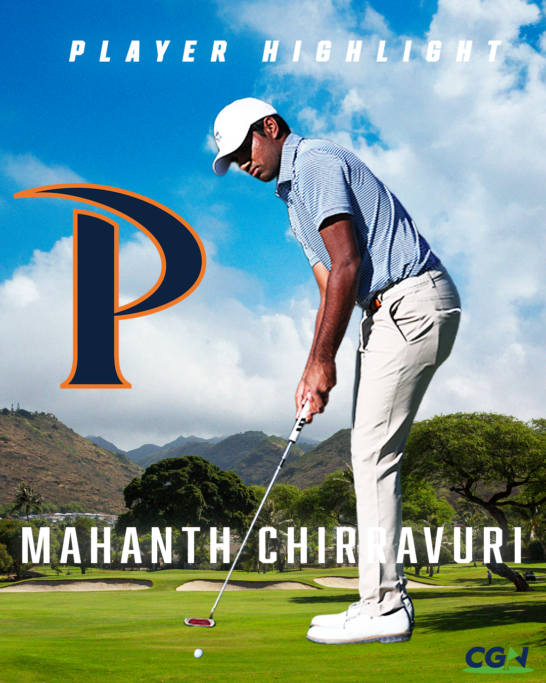 CGN player highlight graphic featuring Pepperdine golfer Mahanth Chirravuri standing over a putt with the Pepperdine logo in the background.