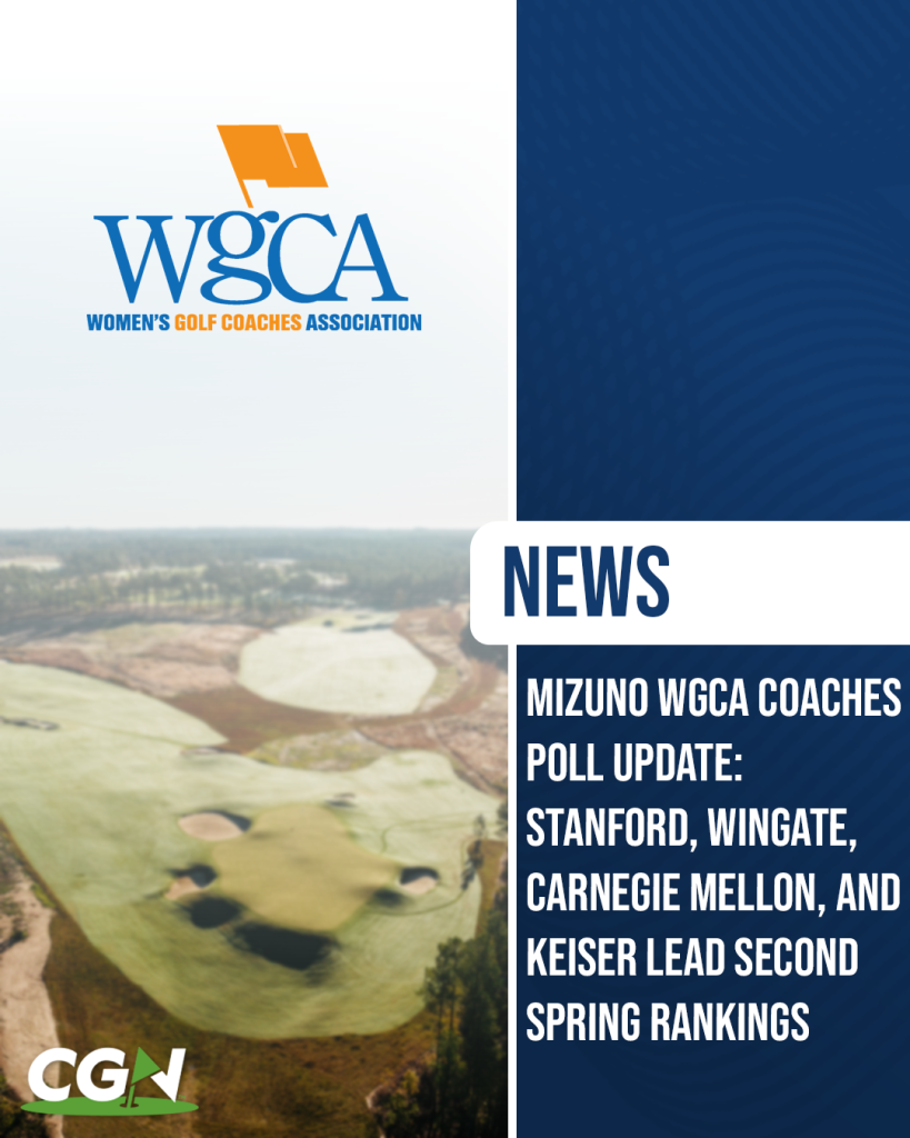 Graphic featuring WGCA logo and headline announcing Mizuno WGCA Coaches Poll update with Stanford, Wingate, Carnegie Mellon, and Keiser leading the second spring ranking