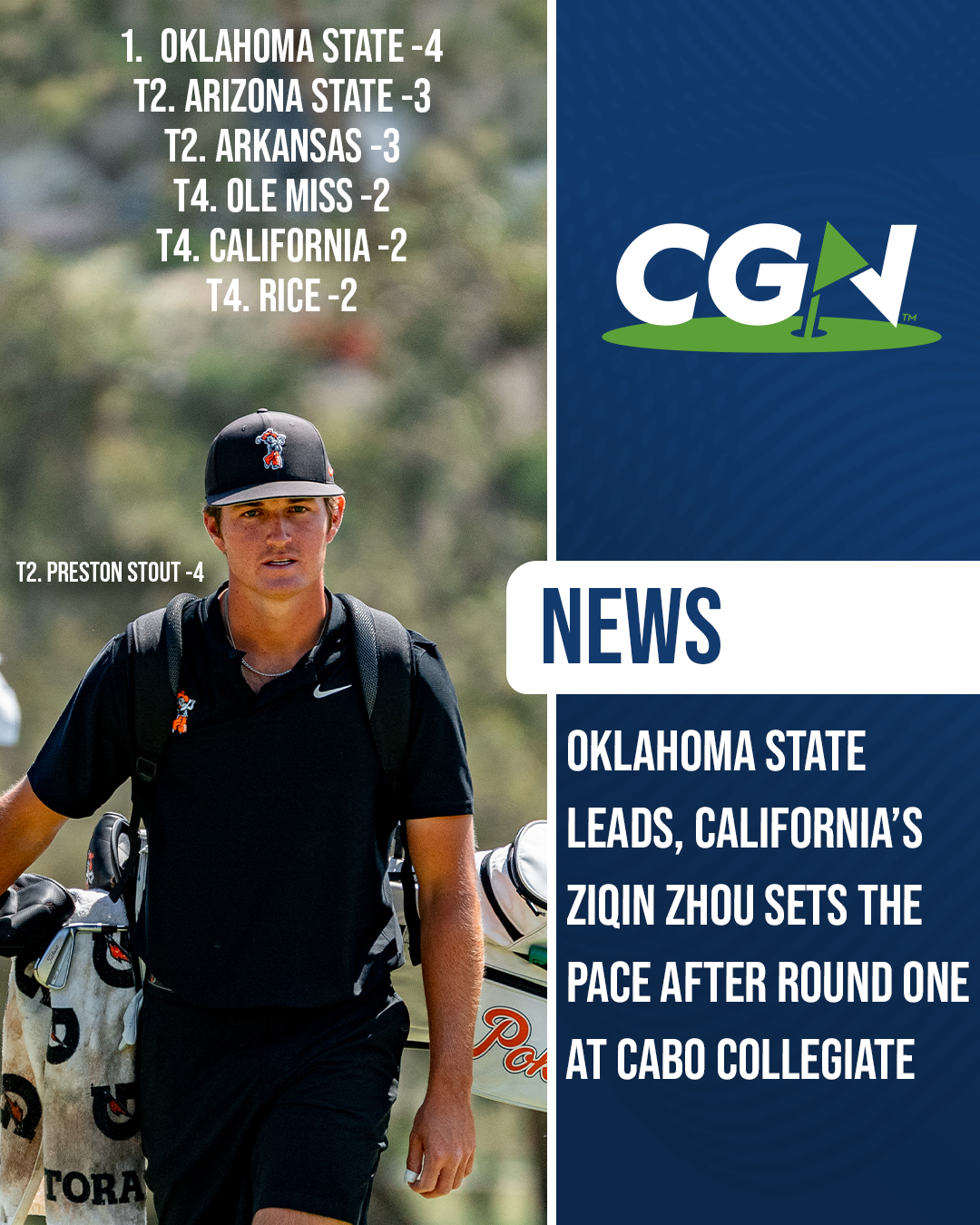 Oklahoma State golfer Preston Stout walks with his bag during Round One of the Cabo Collegiate at Twin Dolphin Club as Oklahoma State leads the team standings and California’s Ziqin Zhou leads individually.