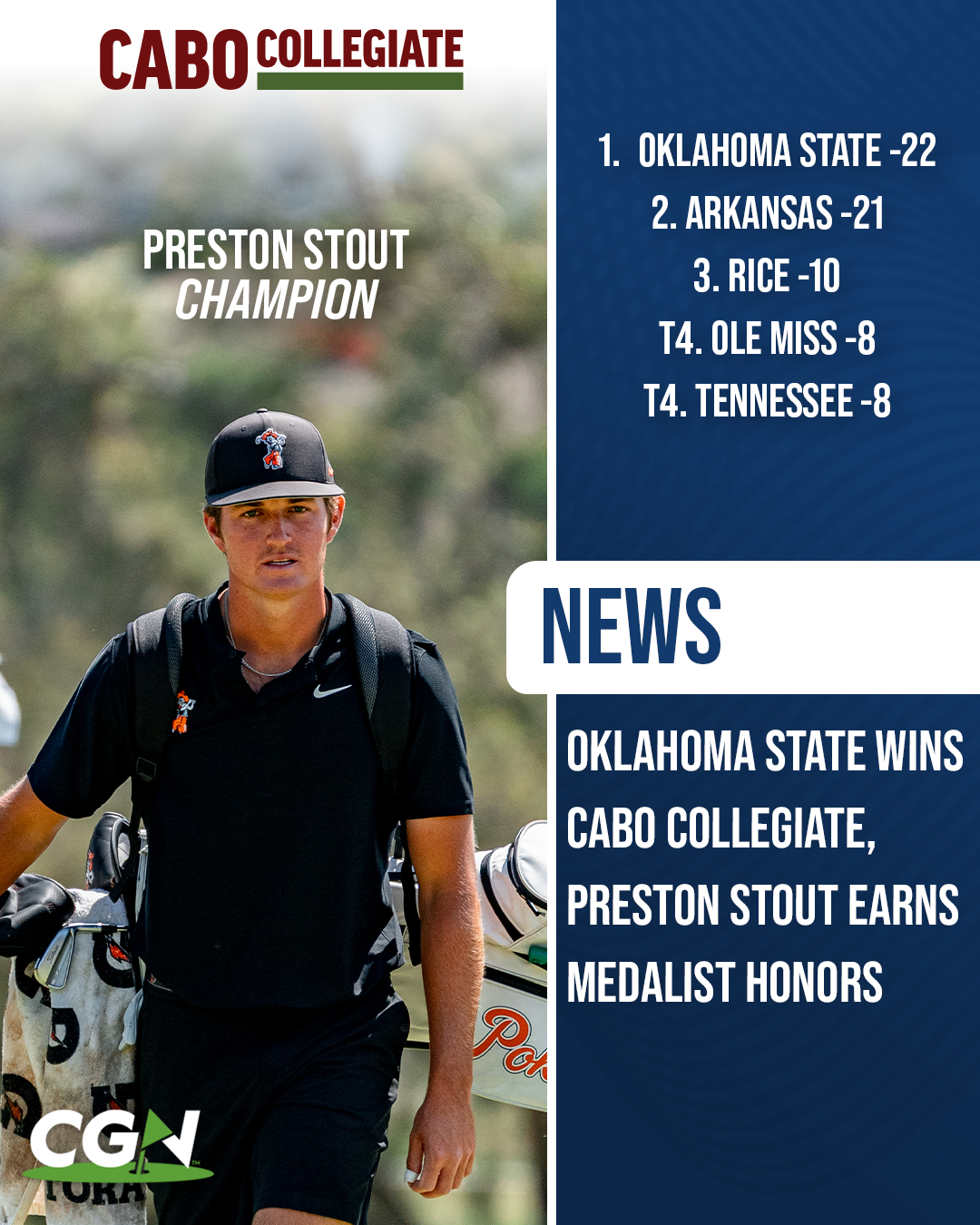 Oklahoma State golfer Preston Stout walking with his golf bag during the Cabo Collegiate where he earned medalist honors and helped Oklahoma State win the team title at Twin Dolphin Club.