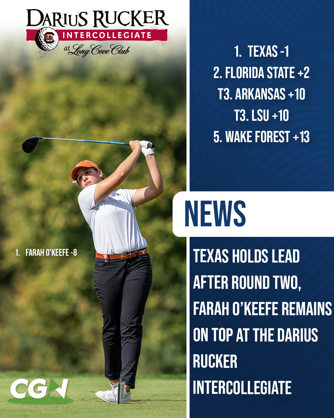 Texas golfer Farah O’Keefe during the Darius Rucker Intercollegiate at Long Cove Club where she leads the individual standings and Texas leads the team competition after round two.