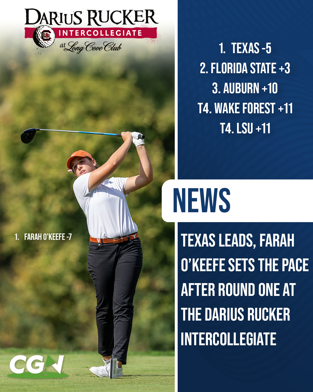 Texas golfer Farah O’Keefe teeing off during round one of the Darius Rucker Intercollegiate at Long Cove Club with Texas leading the team standings and O’Keefe holding the individual lead.
