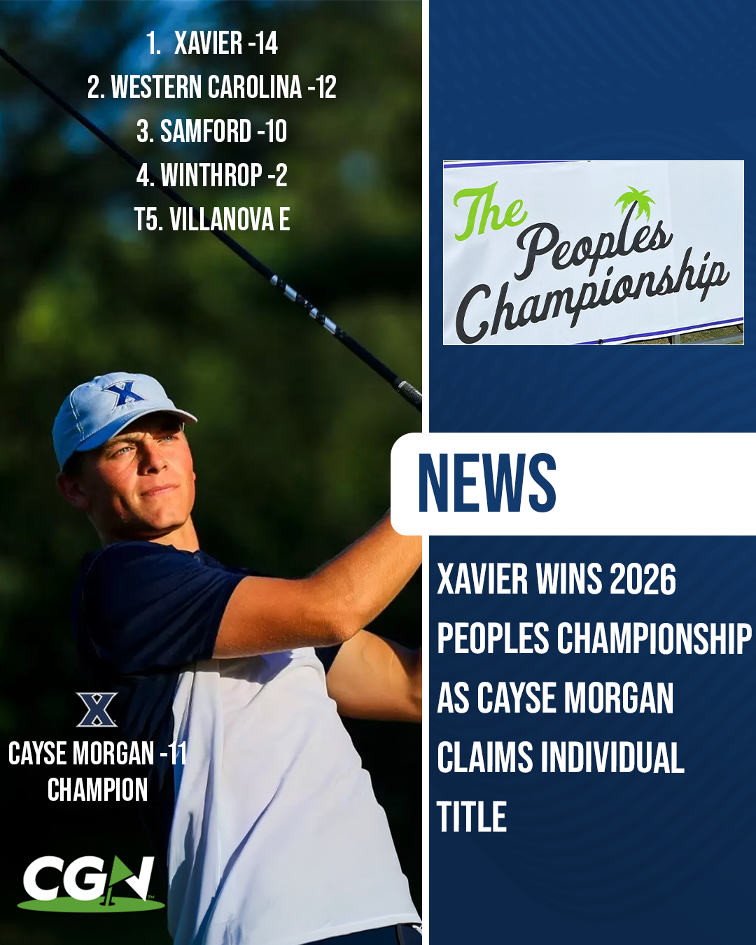 Xavier golfer Cayse Morgan pictured with graphic showing Xavier winning the 2026 Peoples Championship and Morgan claiming the individual title at Sea Palms Resort in St. Simons Island Georgia