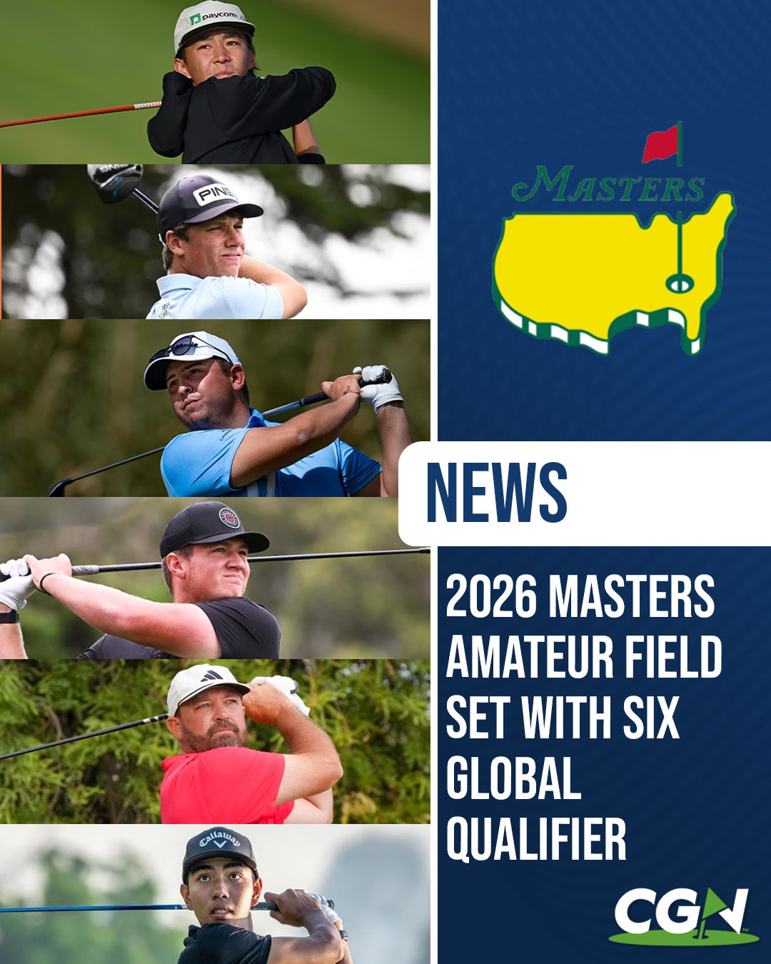 Graphic featuring amateur golfers alongside Masters logo announcing the 2026 Masters amateur field set with six global qualifiers