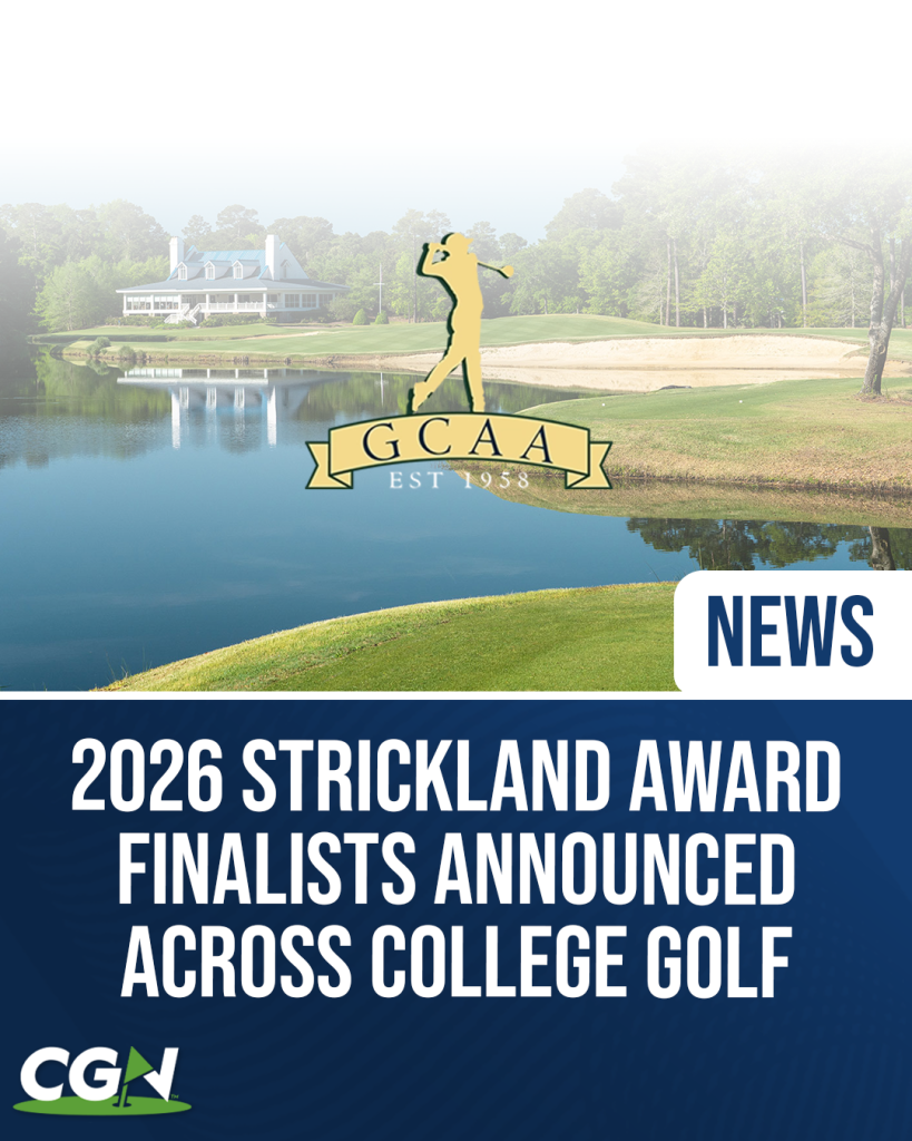 GCAA logo over a golf course background with graphic announcing the 2026 Strickland Award finalists across college golf
