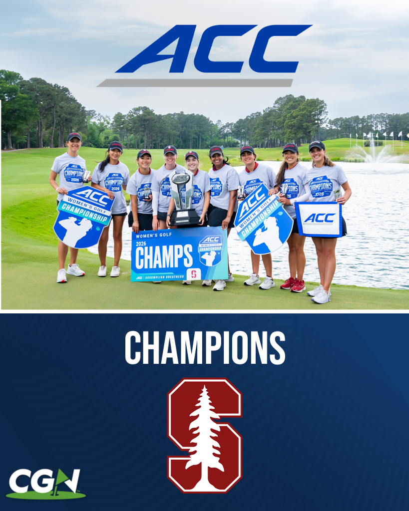 Stanford women’s golf team celebrating with ACC Championship trophy after winning the 2026 ACC Women’s Golf Championship
