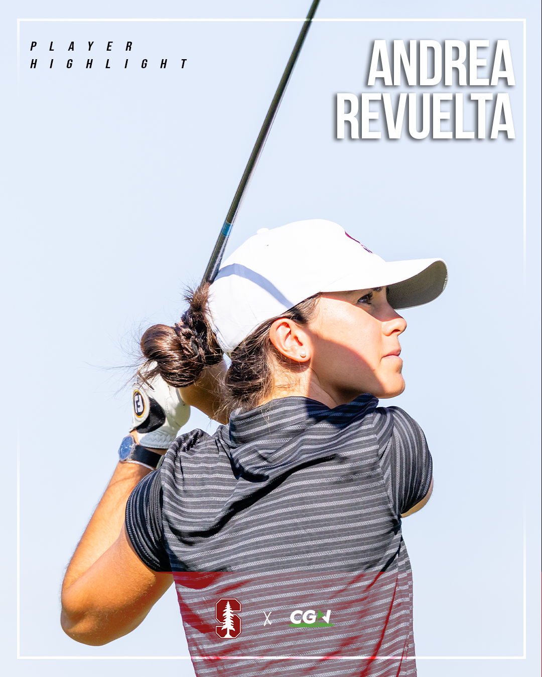 Stanford golfer Andrea Revuelta mid swing in a player highlight graphic with CGN branding