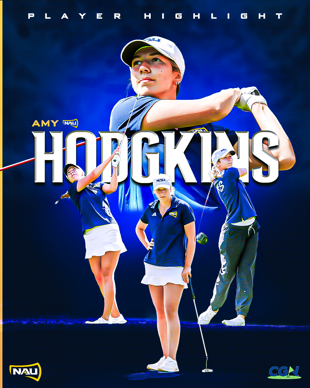 Amy Hodgkins of Northern Arizona Women’s Golf featured in a CGN Player Highlight graphic, shown in multiple action poses including a full swing and putting stance.