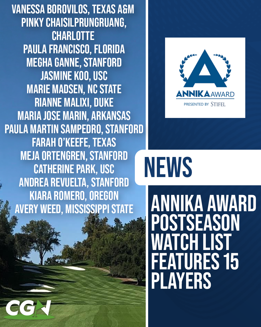 Graphic highlighting the Annika Award postseason watch list featuring 15 women’s college golfers, including players from Texas, Stanford, USC, and Arkansas, alongside the Annika Award logo over a golf course background.