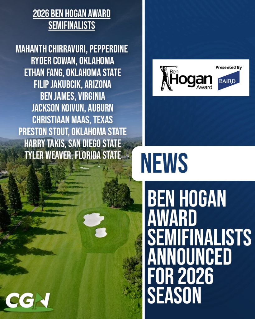 2026 Ben Hogan Award semifinalists graphic featuring list of top collegiate golfers selected for the award