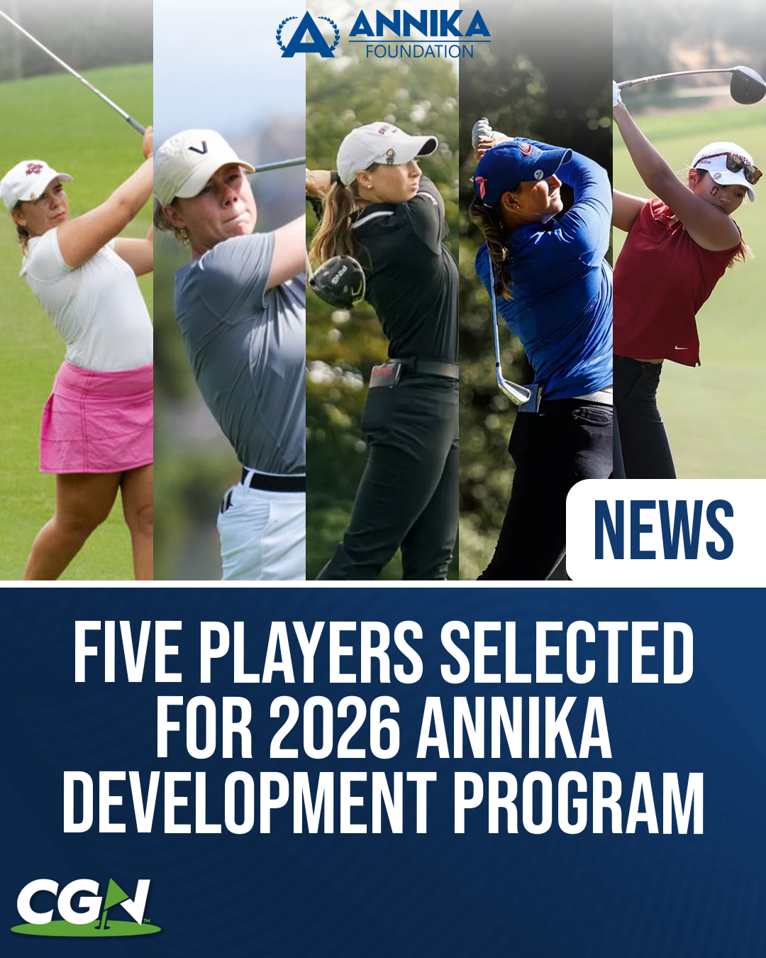 Five female golfers mid swing featured in a collage with ANNIKA Foundation branding announcing selections for the 2026 ANNIKA Development Program
