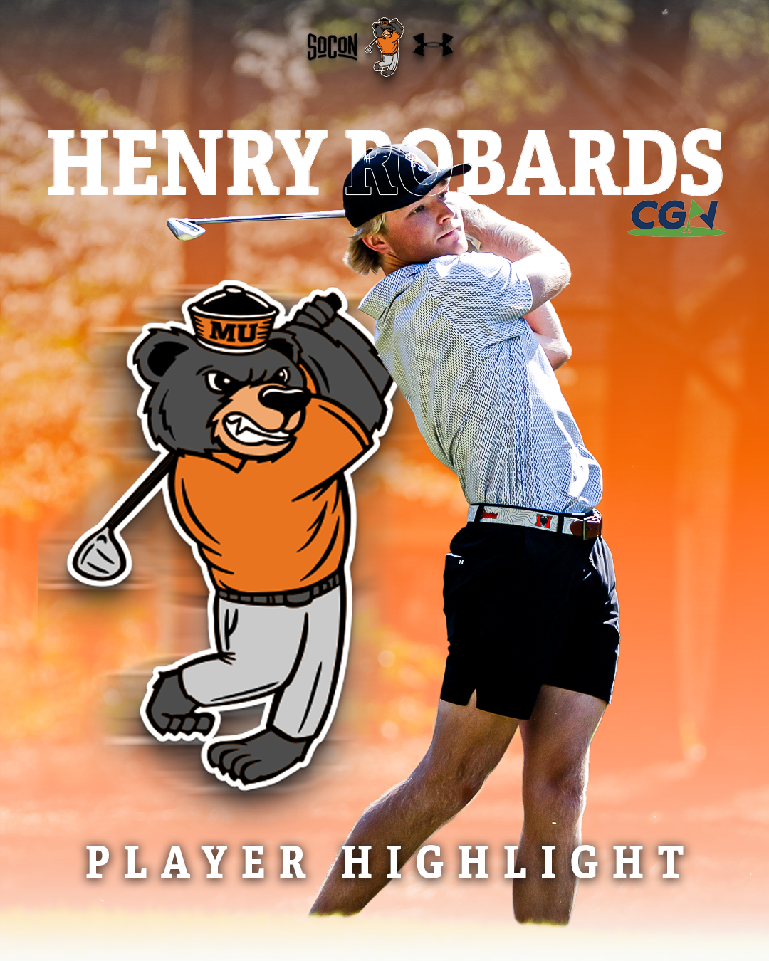 Graphic of Mercer golfer Henry Robards with team mascot and CGN branding for player highlight feature