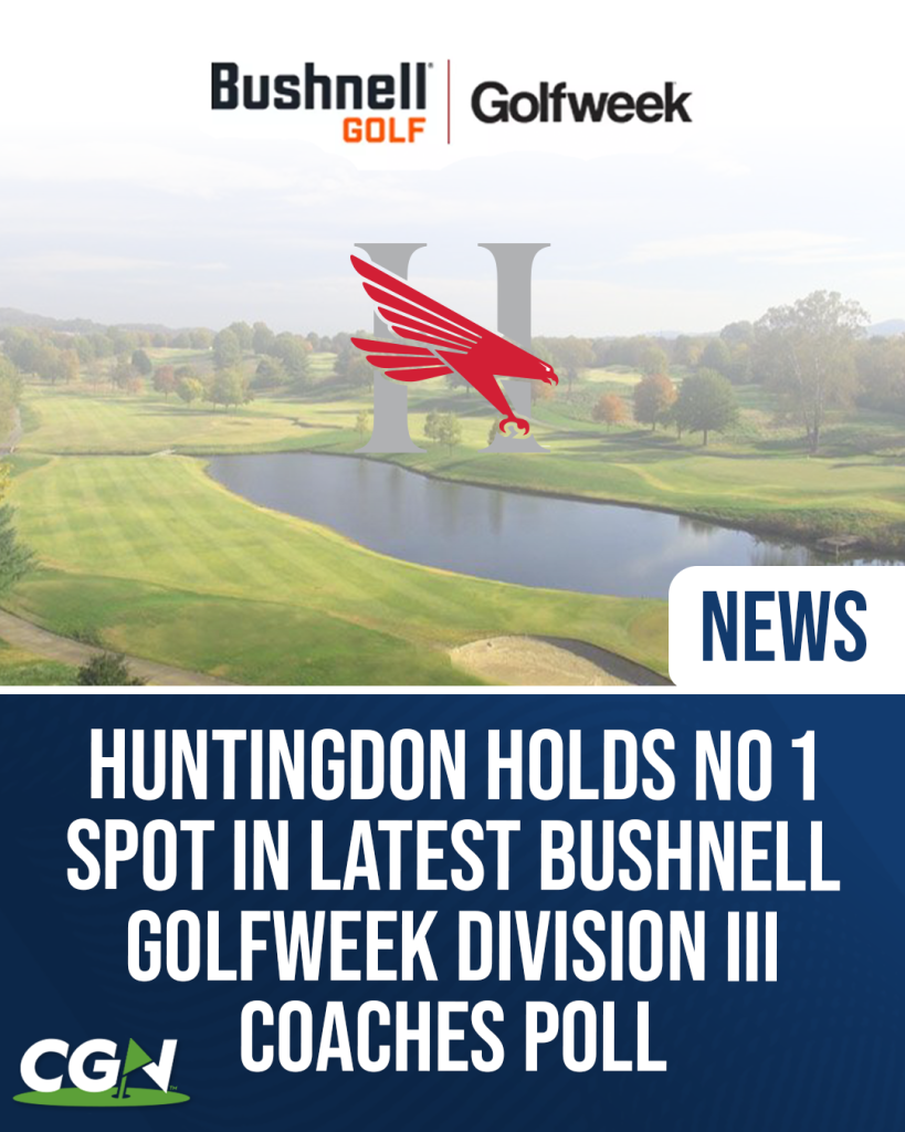 Bushnell Golf and Golfweek graphic showing Huntingdon at No. 1 in the latest Division III coaches poll with a golf course background
