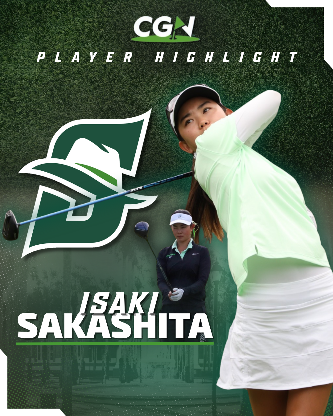 Isaki Sakashita of Stetson women’s golf mid swing during a CGN Player Highlight graphic