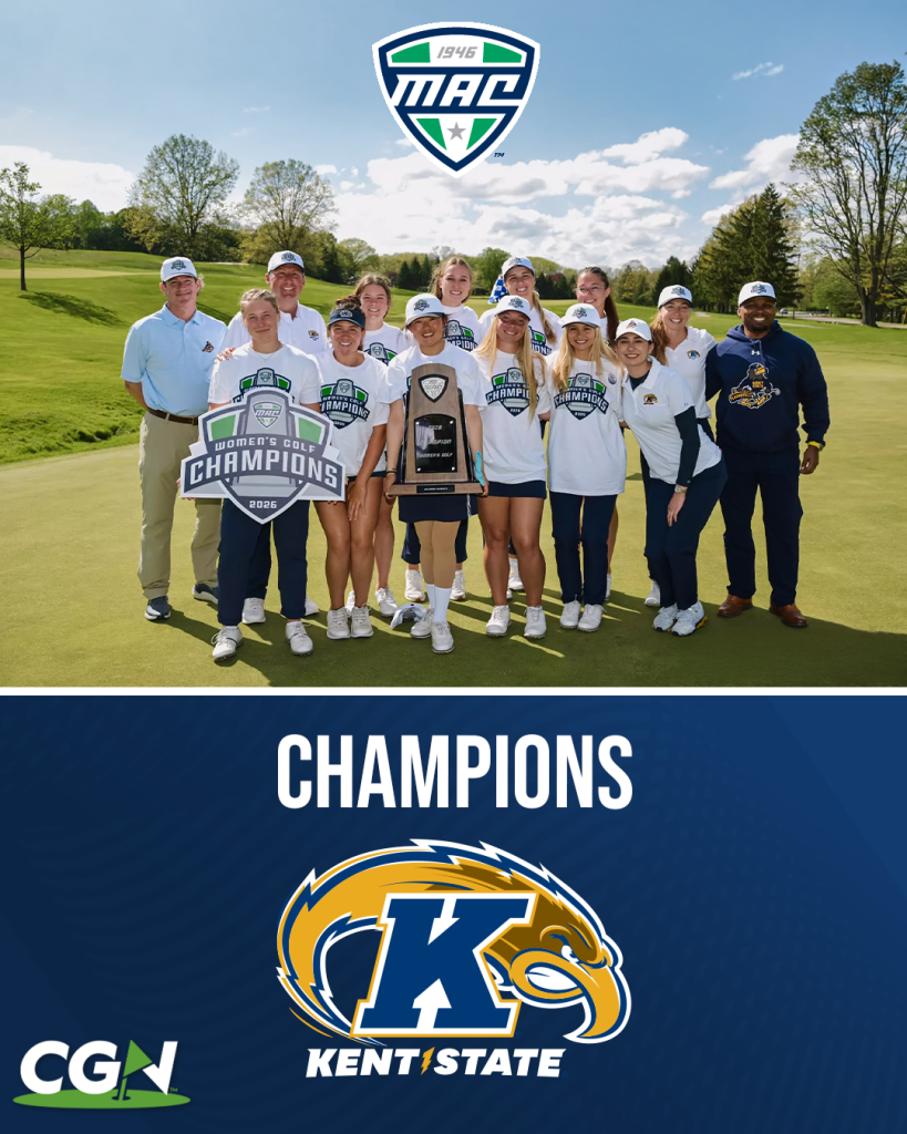 Kent State women’s golf team celebrates with trophy after winning the 2026 MAC Women’s Golf Championship.