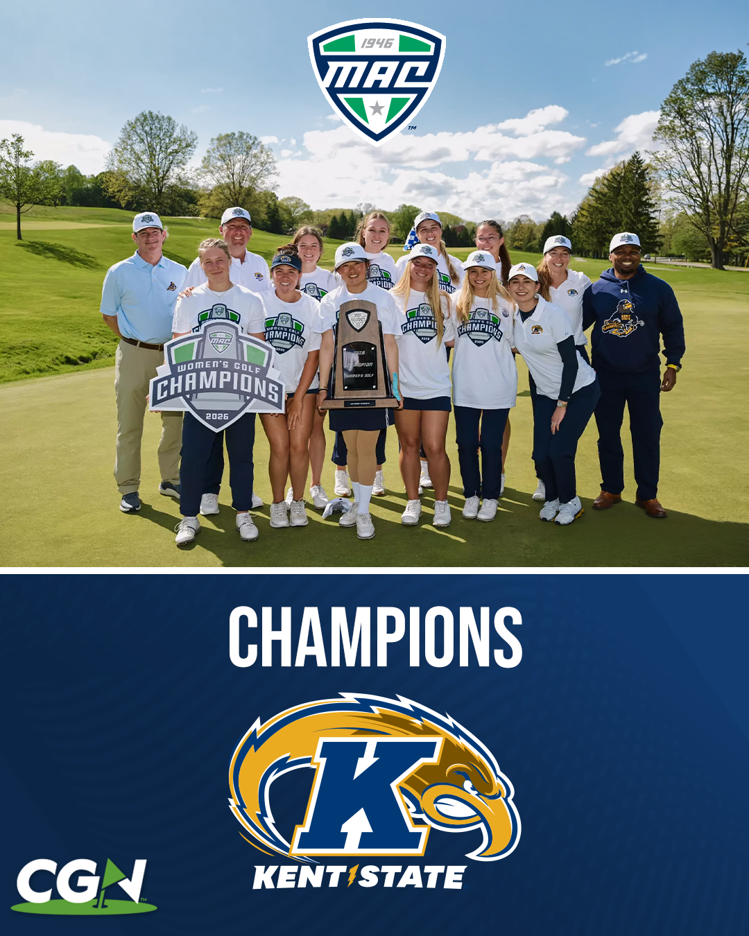 Kent State women’s golf team celebrates with trophy after winning the 2026 MAC Women’s Golf Championship.