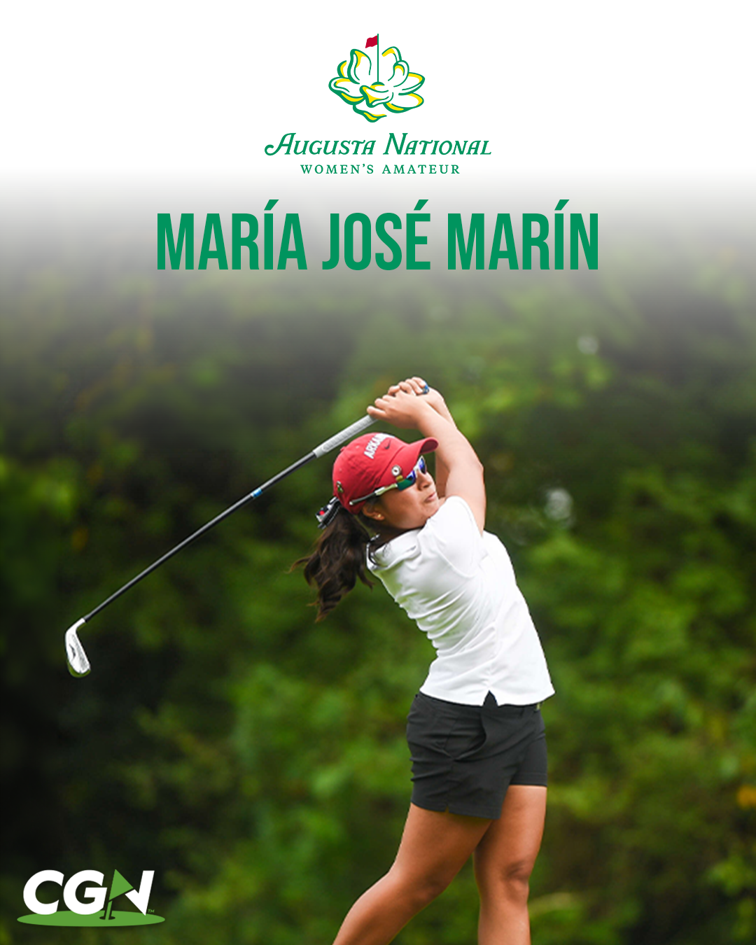 Maria Jose Marin of Arkansas follows through on a golf swing during the Augusta National Women’s Amateur with tournament branding above.