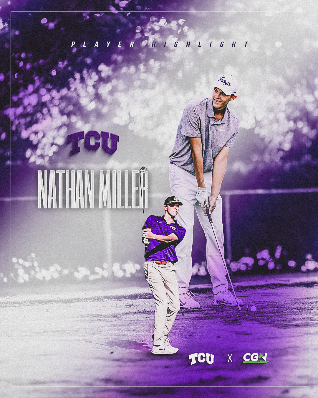 Nathan Miller of TCU captured mid swing during a player highlight graphic with purple TCU themed background and CGN branding