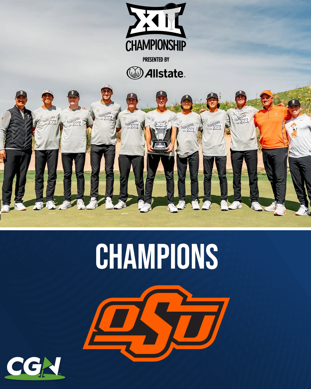 Oklahoma State men’s golf team celebrates winning the Big 12 Championship, posing together on the course with the team trophy under the Big 12 Championship logo.