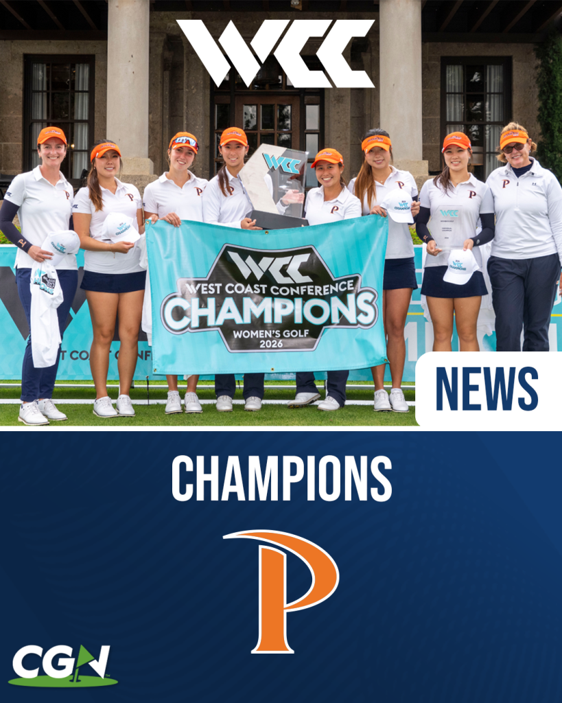Pepperdine women’s golf team celebrates winning the 2026 West Coast Conference Championship, holding the team trophy and championship banner.