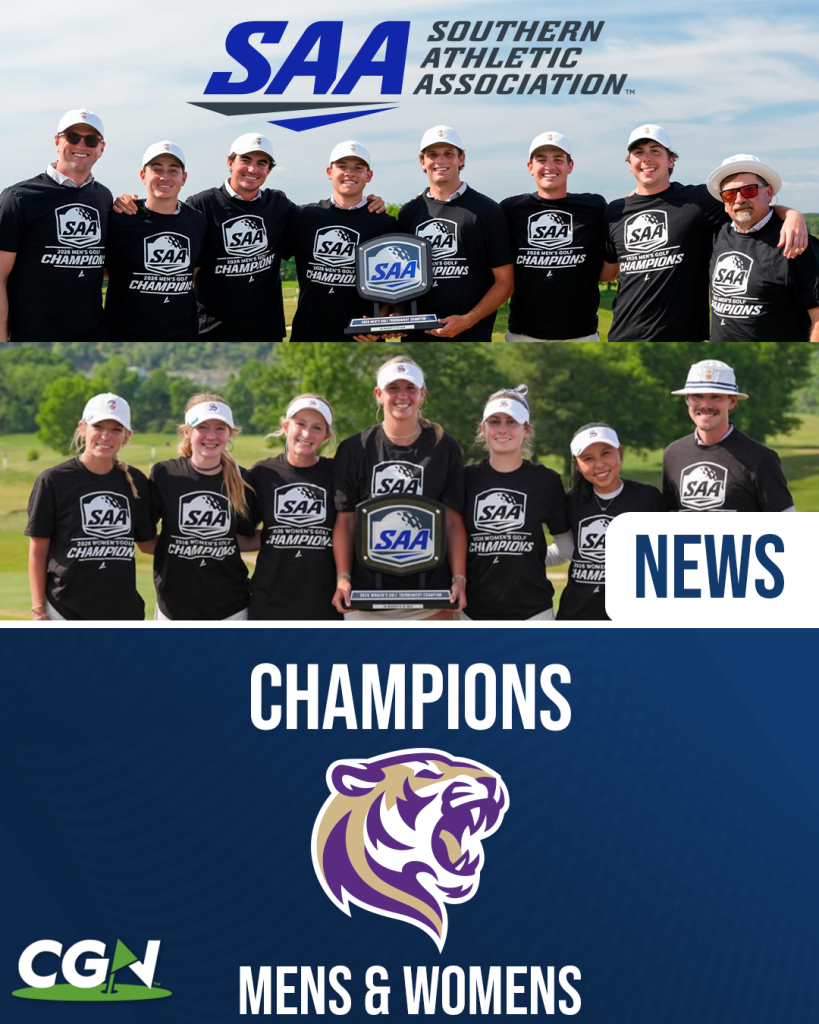 Sewanee men’s and women’s golf teams celebrate winning the SAA Championships, holding trophies and wearing championship shirts.