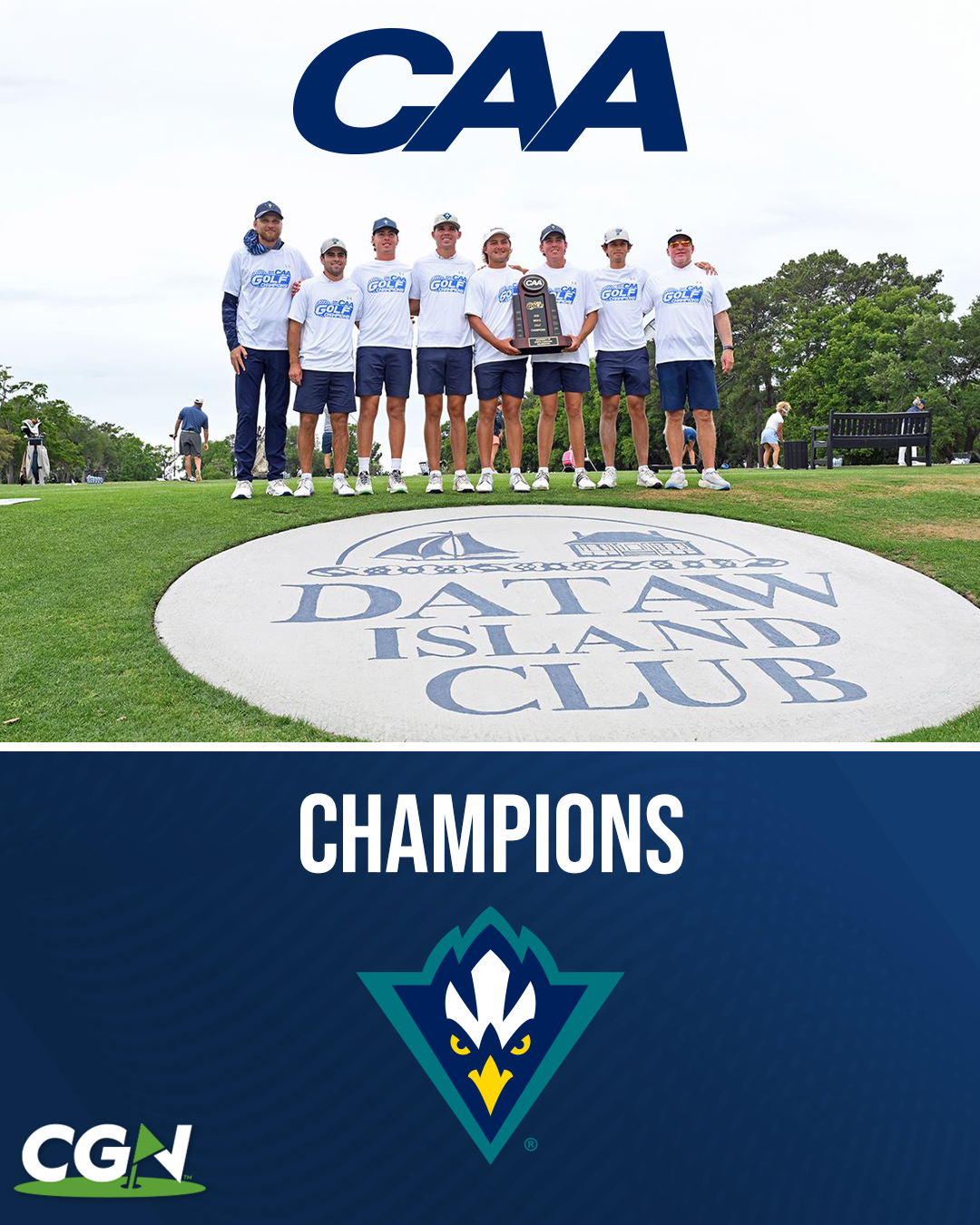 UNCW men’s golf team poses with the CAA Championship trophy at Dataw Island Club after winning the conference title