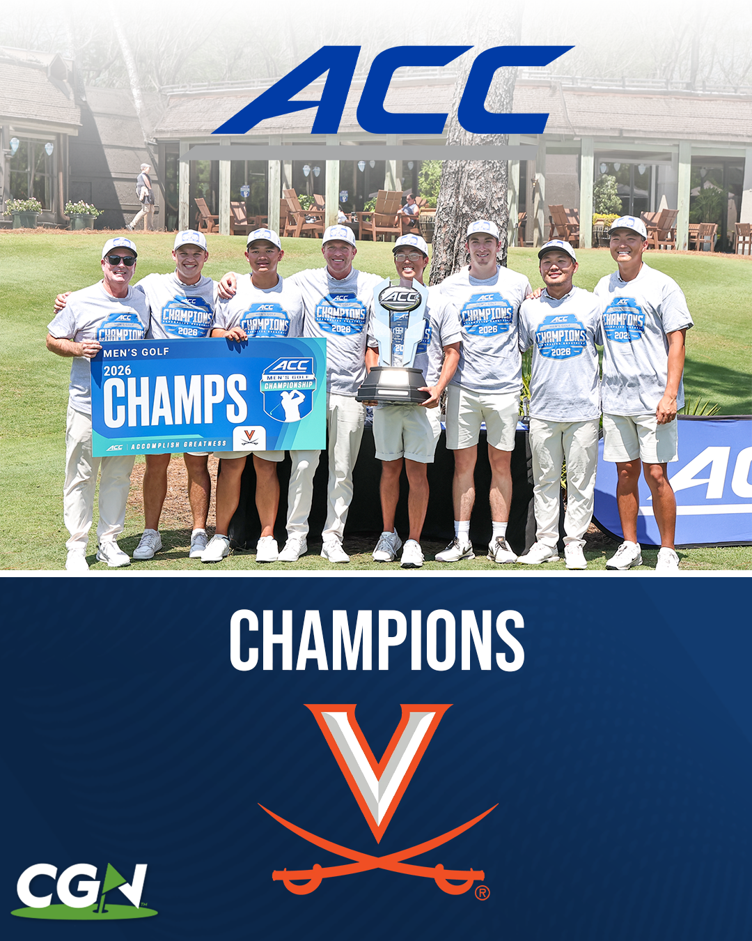 Virginia men’s golf team celebrates winning the 2026 ACC Men’s Golf Championship, holding the trophy and championship sign in front of the clubhouse.