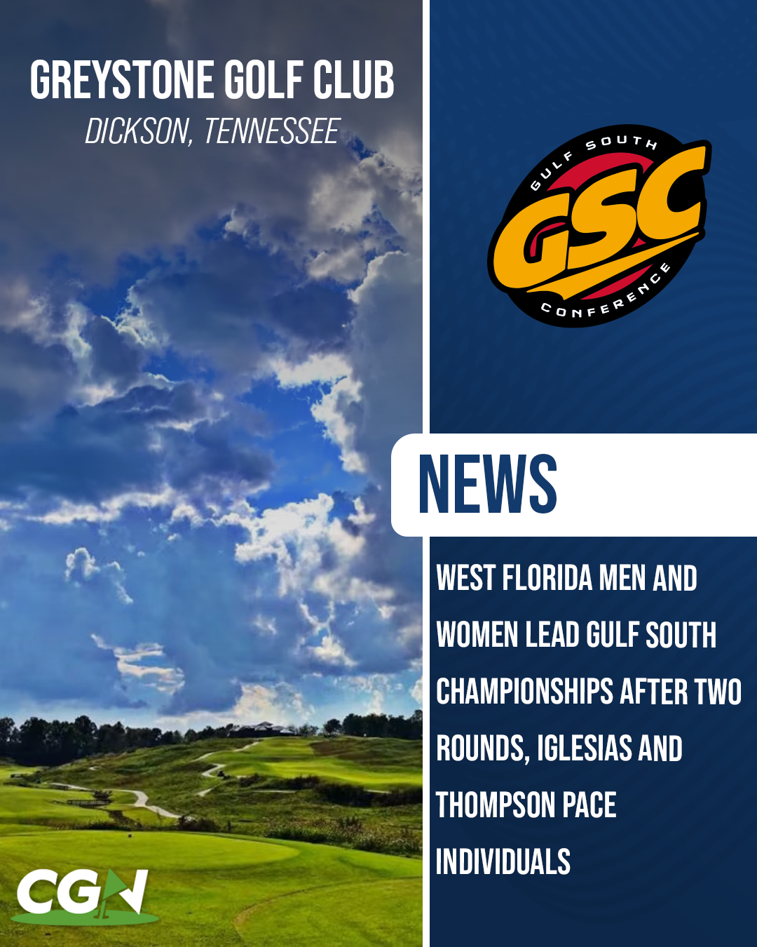 Gulf South Conference golf graphic at Greystone Golf Club in Dickson, Tennessee showing West Florida leading both men’s and women’s championships after two rounds with Iglesias and Thompson leading individually.