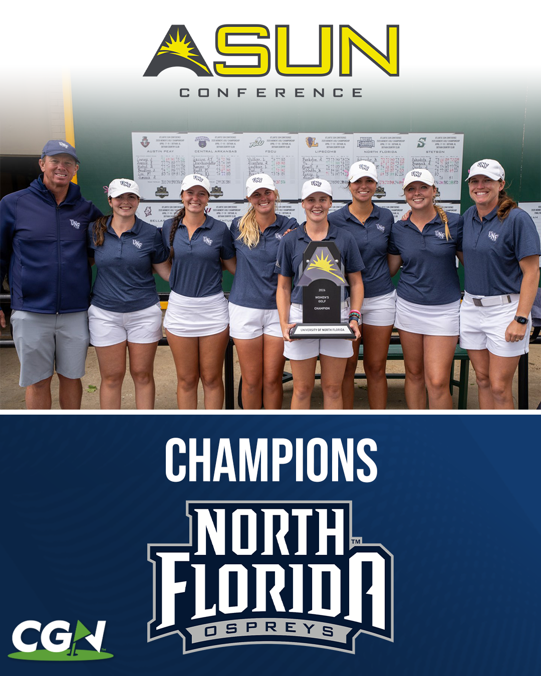 North Florida women’s golf team celebrating with ASUN Conference championship trophy after winning the conference title