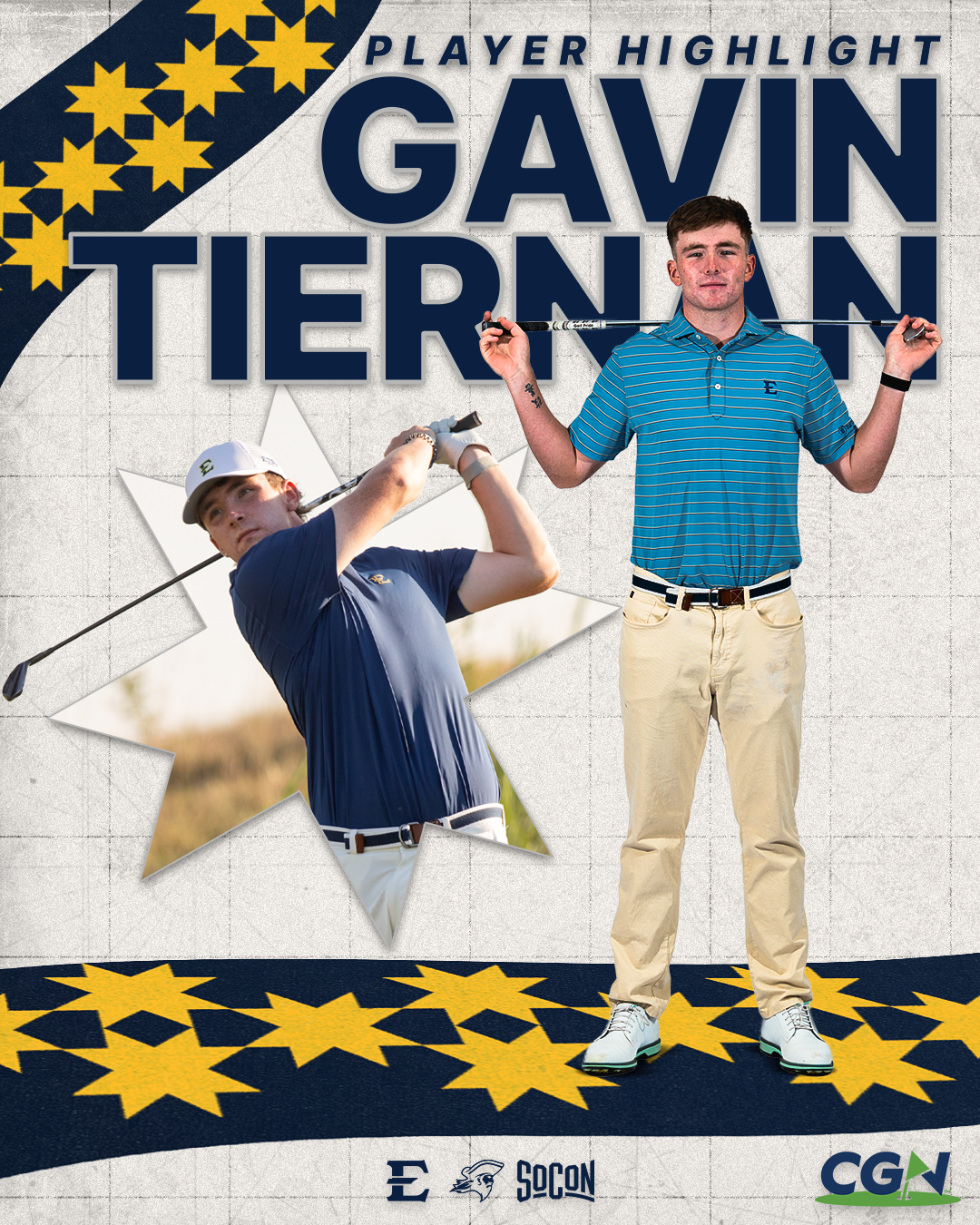 CGN Player Highlight graphic of East Tennessee State golfer Gavin Tiernan, featuring a swing action shot and a posed image with ETSU and SoCon branding.