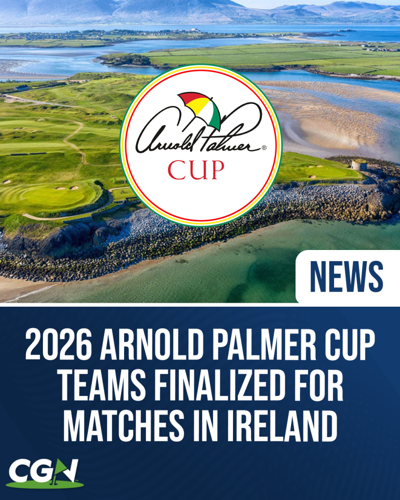 Arnold Palmer Cup logo displayed over Tralee Golf Links in Ireland with text announcing 2026 teams finalized for matches