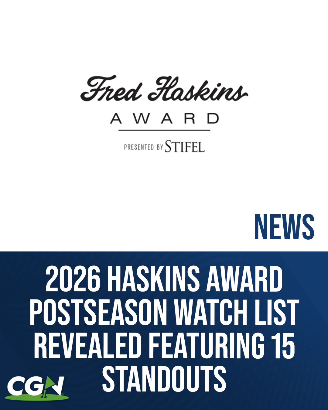 Fred Haskins Award logo displayed with text announcing the 2026 postseason watch list featuring 15 standout players