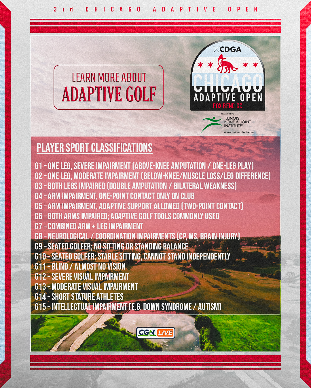 Graphic for the 2026 Chicago Adaptive Open at Fox Bend Golf Club featuring the 15 adaptive golf sport classifications recognized by the International Paralympic Committee and WR4GD.