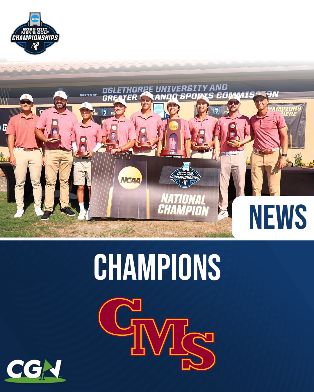 Claremont Mudd Scripps men’s golf team celebrates after winning the 2026 NCAA Division III Men’s Golf National Championship at Mission Inn Resort, holding the national championship trophy and individual awards during the trophy presentation ceremony.