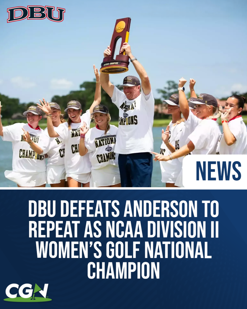 DBU women’s golf players and coaches celebrate with the NCAA Division II national championship trophy after defeating Anderson to win back to back national titles at PGA National Resort.