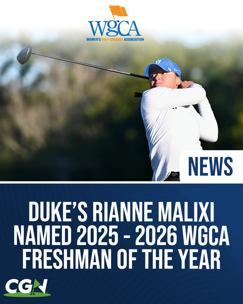 Graphic featuring Duke freshman golfer Rianne Malixi during her swing with WGCA branding and text announcing her as the 2025 to 2026 WGCA Freshman of the Year.