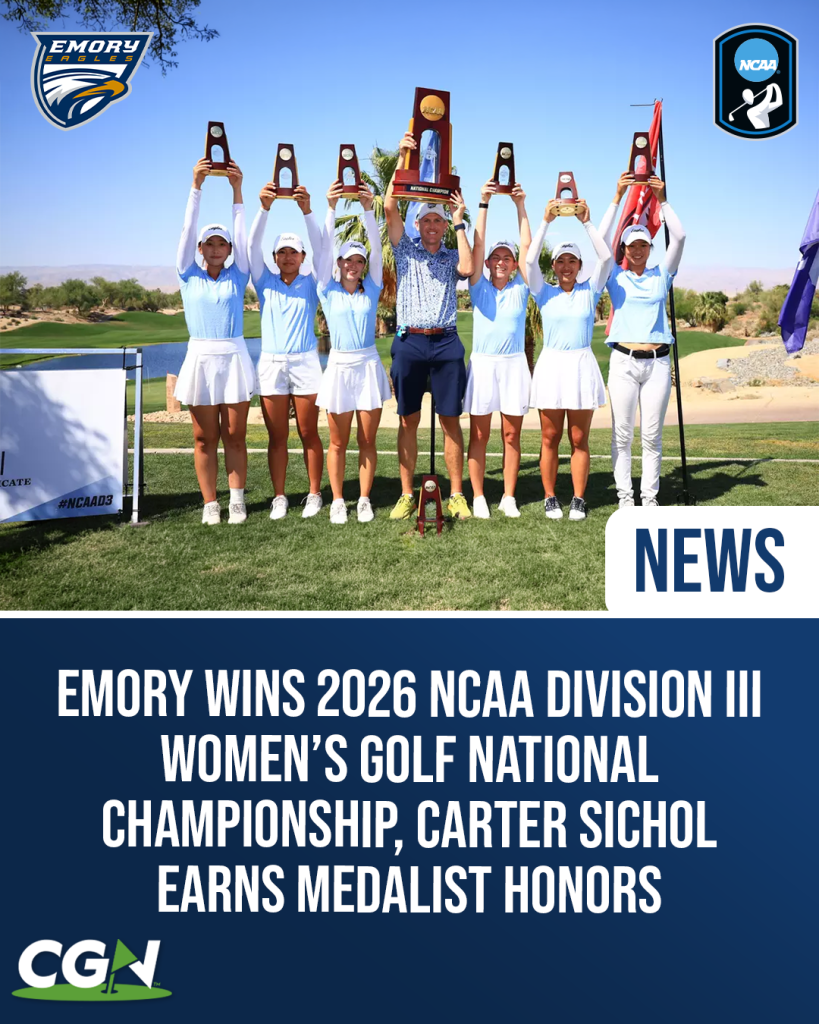 Emory women’s golf team celebrates with the NCAA Division III National Championship trophy after winning the 2026 title at Desert Willow Golf Resort.