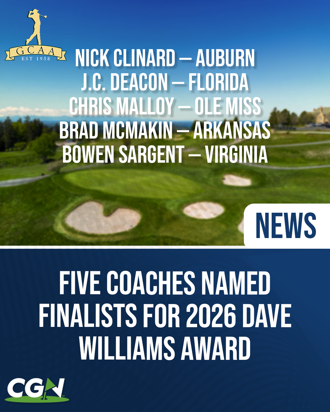 Graphic announcing the five finalists for the 2026 Dave Williams Coach of the Year Award, featuring Nick Clinard, J.C. Deacon, Chris Malloy, Brad McMakin, and Bowen Sargent.