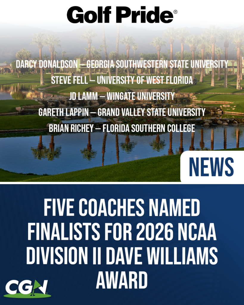 Graphic announcing the five finalists for the 2026 NCAA Division II Dave Williams Award, featuring Darcy Donaldson of Georgia Southwestern State University, Steve Fell of the University of West Florida, JD Lamm of Wingate University, Gareth Lappin of Grand Valley State University, and Brian Richey of Florida Southern College.