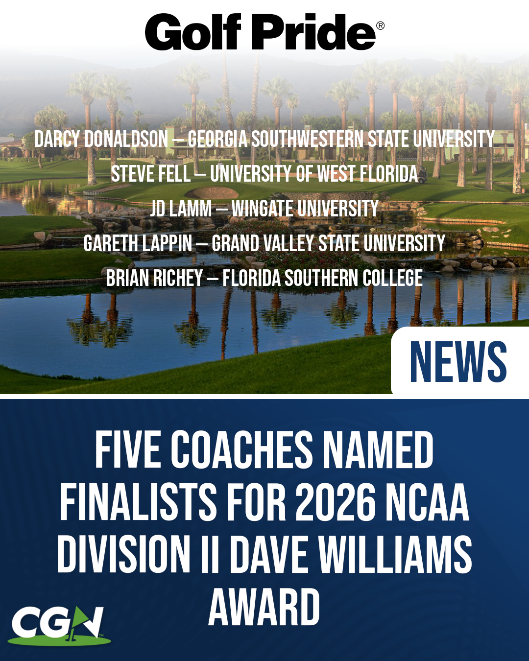 Graphic announcing the five finalists for the 2026 NCAA Division II Dave Williams Award, featuring Darcy Donaldson of Georgia Southwestern State University, Steve Fell of the University of West Florida, JD Lamm of Wingate University, Gareth Lappin of Grand Valley State University, and Brian Richey of Florida Southern College.