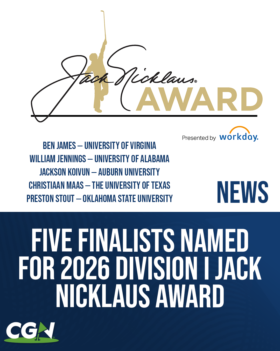 Graphic announcing the five finalists for the 2026 Division I Jack Nicklaus Award presented by Workday, featuring Ben James, William Jennings, Jackson Koivun, Christiaan Maas, and Preston Stout.