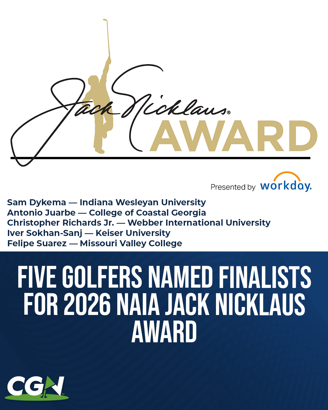 Graphic announcing the five finalists for the 2026 NAIA Jack Nicklaus Award presented by Workday, featuring Sam Dykema of Indiana Wesleyan, Antonio Juarbe of College of Coastal Georgia, Christopher Richards Jr. of Webber International, Iver Sokhan-Sanj of Keiser, and Felipe Suarez of Missouri Valley College.