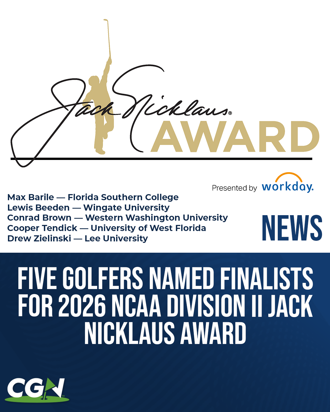 CGN graphic announcing the five finalists for the 2026 NCAA Division II Jack Nicklaus Award presented by Workday, featuring Max Barile of Florida Southern, Lewis Beeden of Wingate, Conrad Brown of Western Washington, Cooper Tendick of West Florida and Drew Zielinski of Lee.