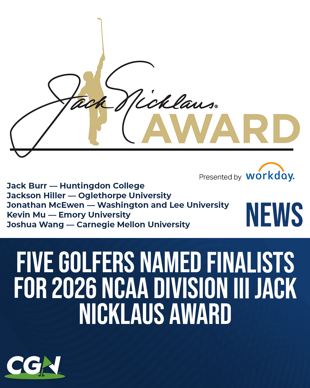 Graphic announcing the five finalists for the 2026 NCAA Division III Jack Nicklaus Award presented by Workday, featuring finalists Jack Burr of Huntingdon College, Jackson Hiller of Oglethorpe University, Jonathan McEwen of Washington and Lee University, Kevin Mu of Emory University, and Joshua Wang of Carnegie Mellon University.