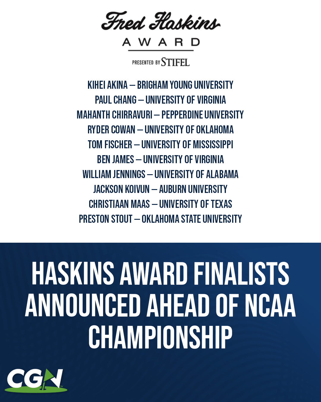 Graphic displaying the 2026 Fred Haskins Award finalists ahead of the NCAA Division I Men’s Golf Championship, featuring nominees from BYU, Virginia, Pepperdine, Oklahoma, Ole Miss, Alabama, Auburn, Texas, and Oklahoma State.