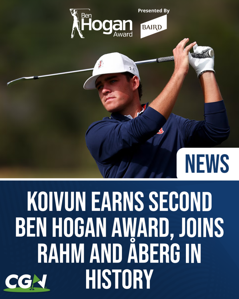 Graphic featuring Auburn golfer Jackson Koivun during his swing with Ben Hogan Award branding and text announcing his second Ben Hogan Award victory alongside Jon Rahm and Ludvig Åberg in history.