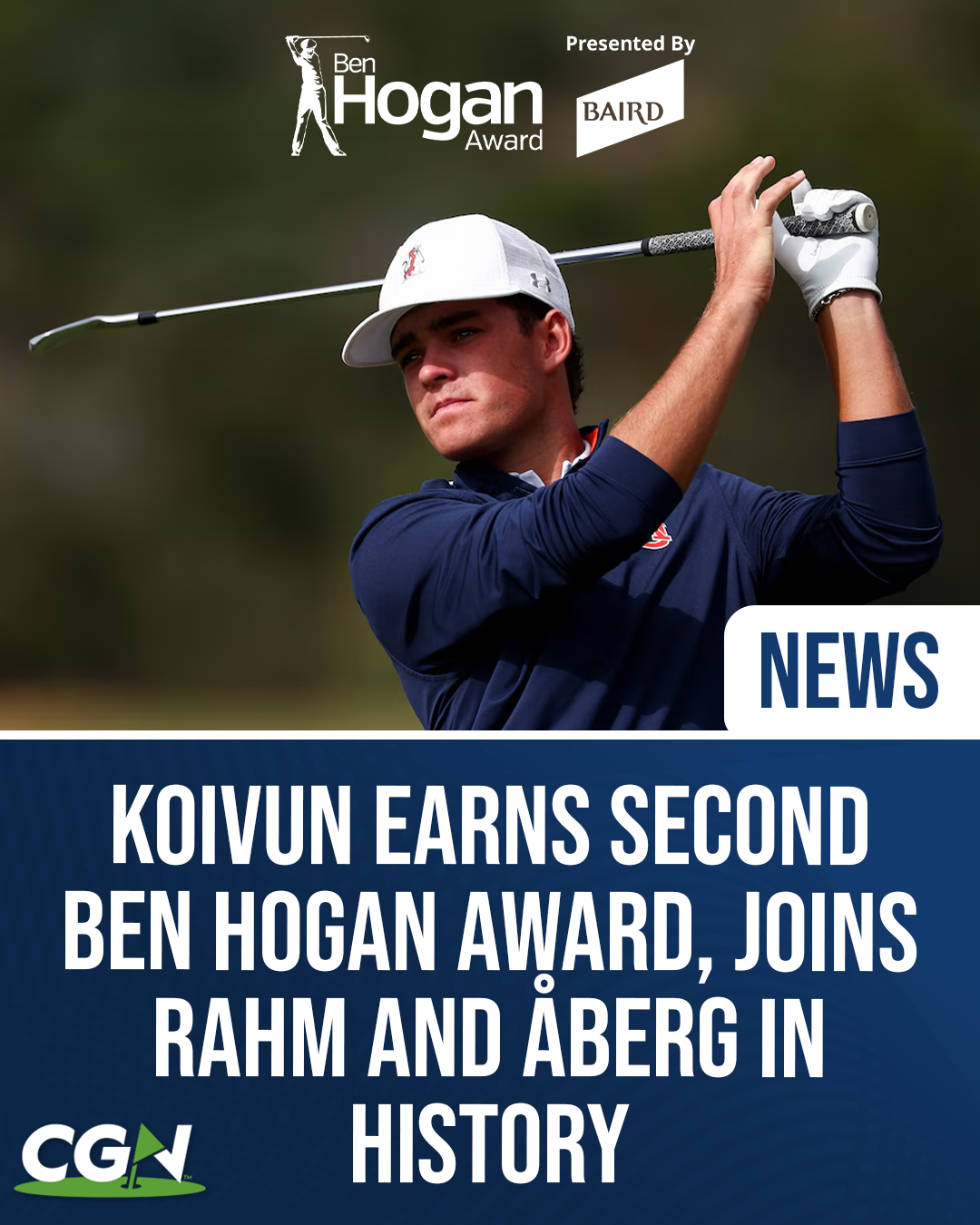 Graphic featuring Auburn golfer Jackson Koivun during his swing with Ben Hogan Award branding and text announcing his second Ben Hogan Award victory alongside Jon Rahm and Ludvig Åberg in history.