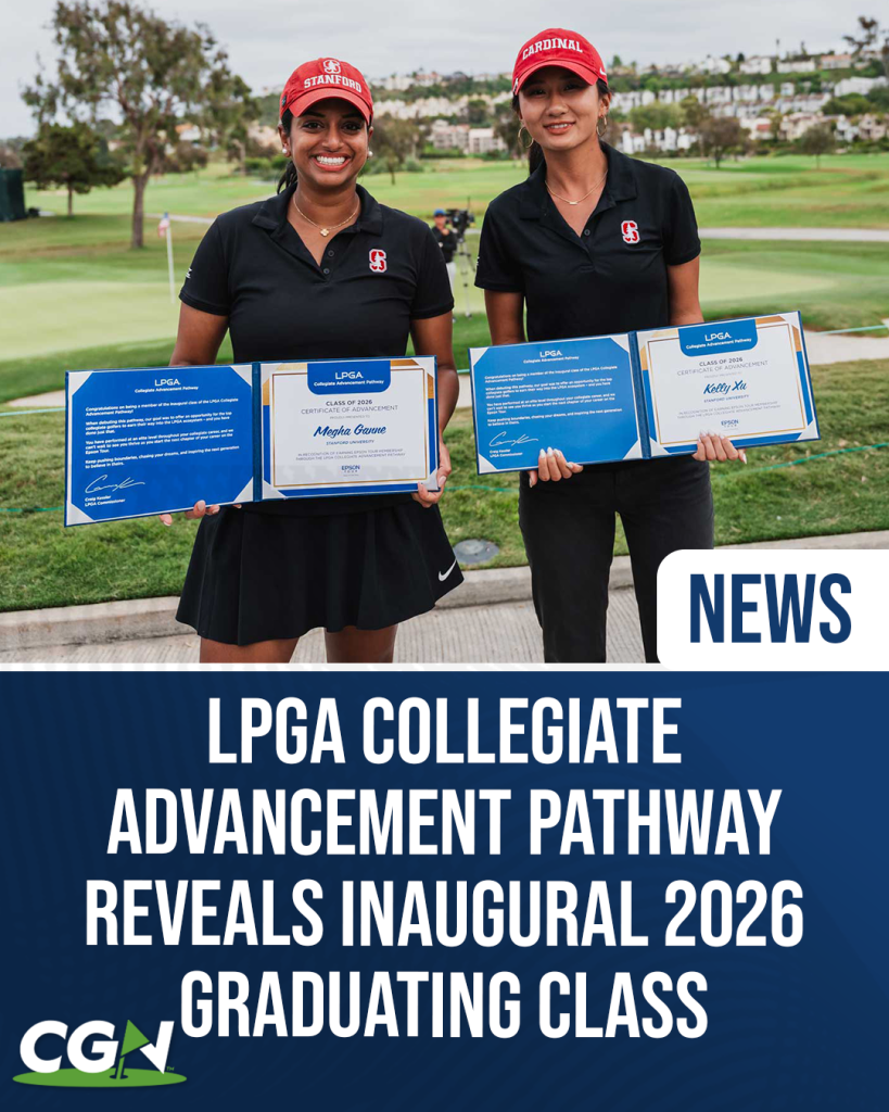Stanford golfers Megha Ganne and Kelly Xu hold LPGA Collegiate Advancement Pathway certificates during the NCAA Women’s Golf Championship at Omni La Costa Resort.