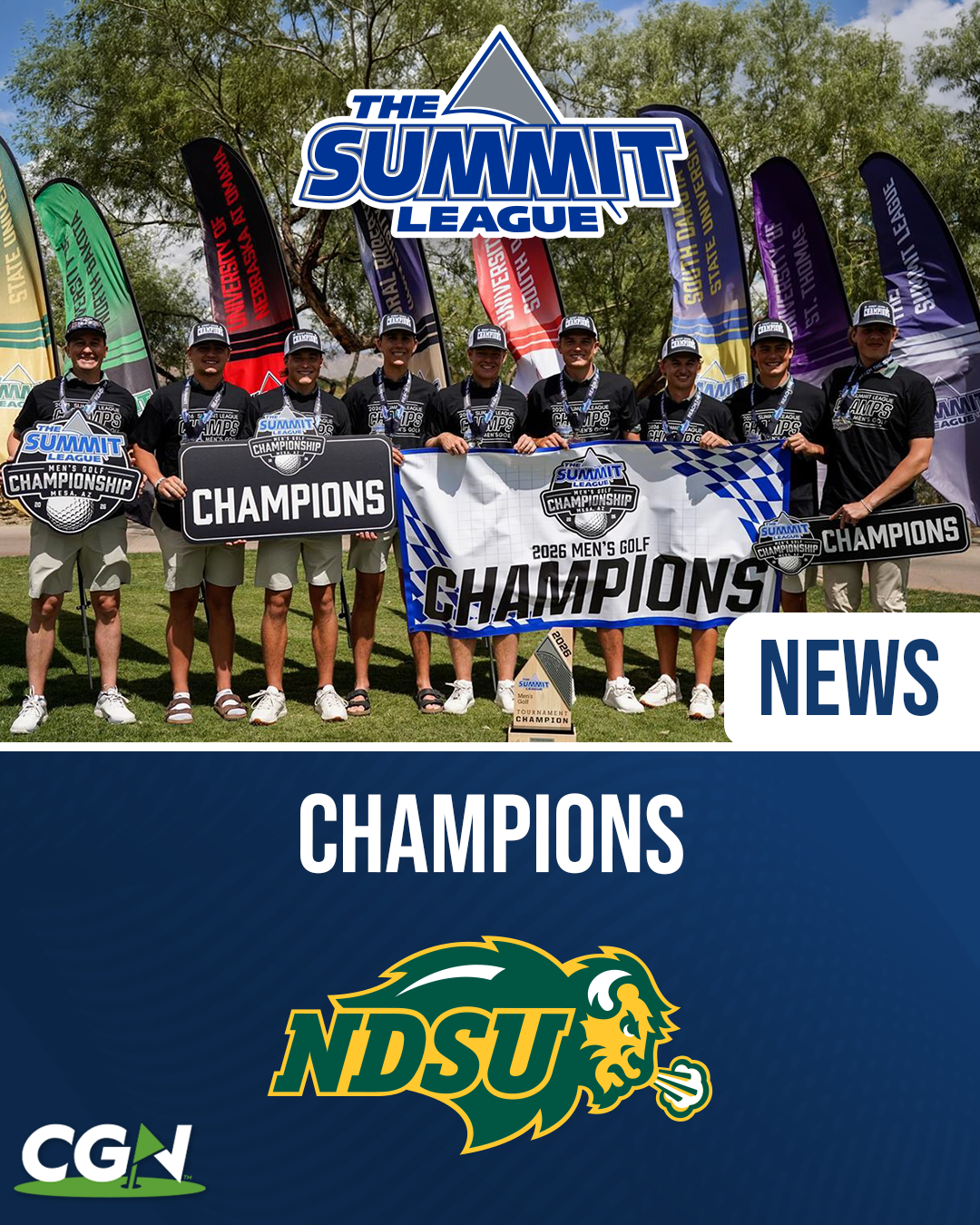 North Dakota State men’s golf team poses with the Summit League Championship trophy and champions banner after winning the 2026 Summit League Men’s Golf Championship.
