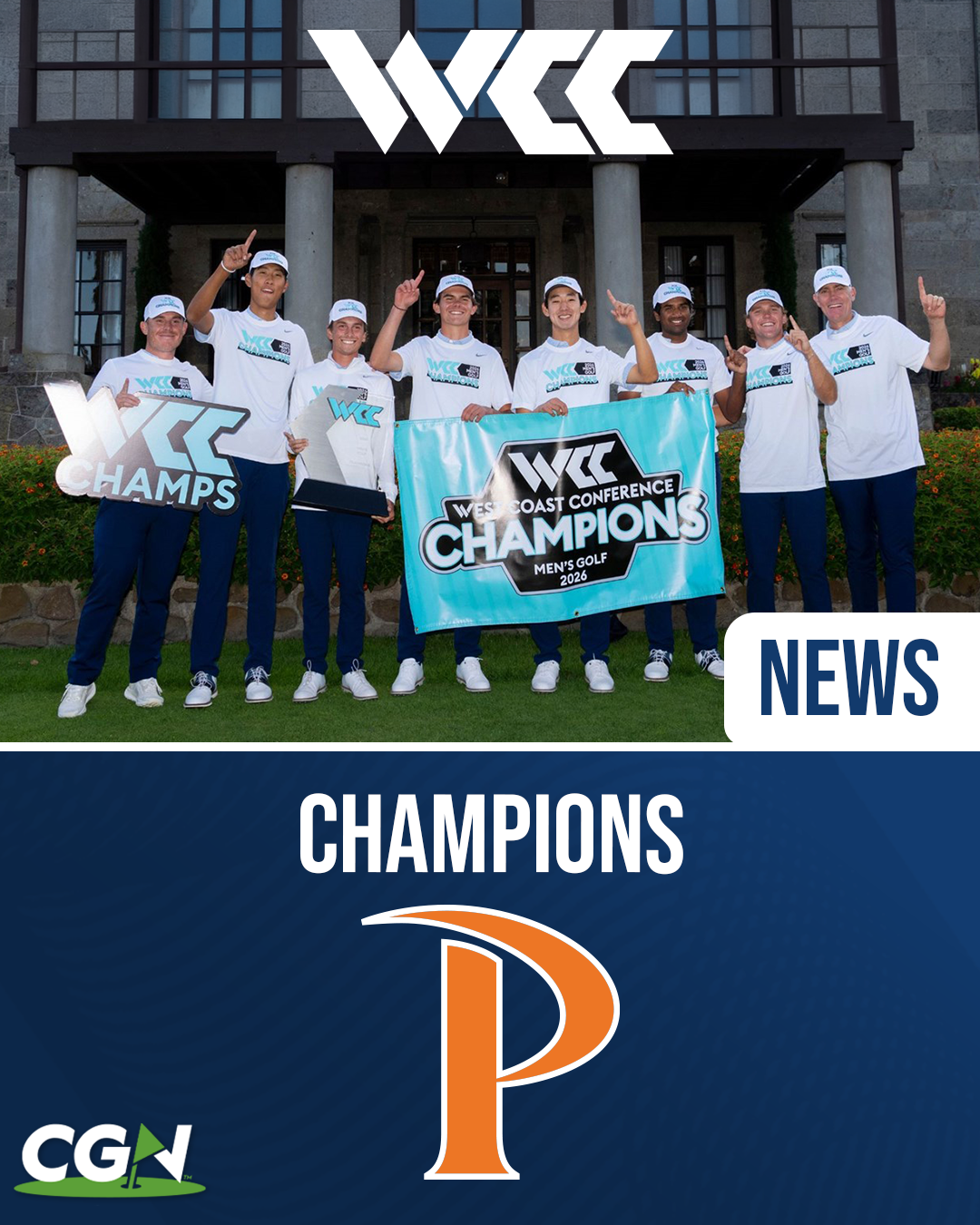 Pepperdine men’s golf team celebrating with WCC championship banner and trophy after winning the 2026 West Coast Conference Men’s Golf Championship.